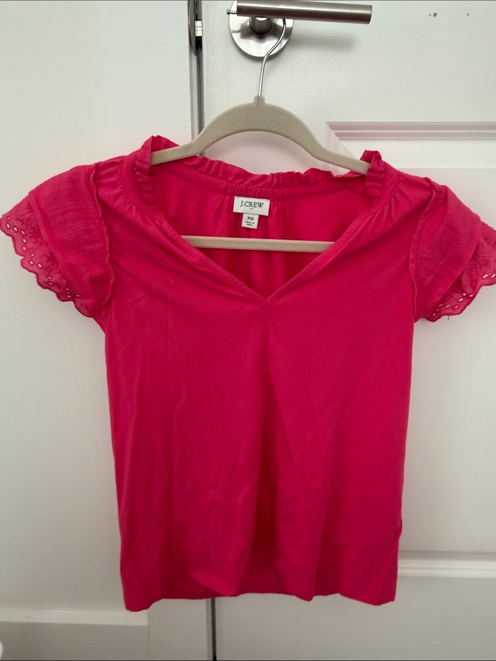 J. Crew Hot Pink V-Neck Eyelet Sleeve Top
